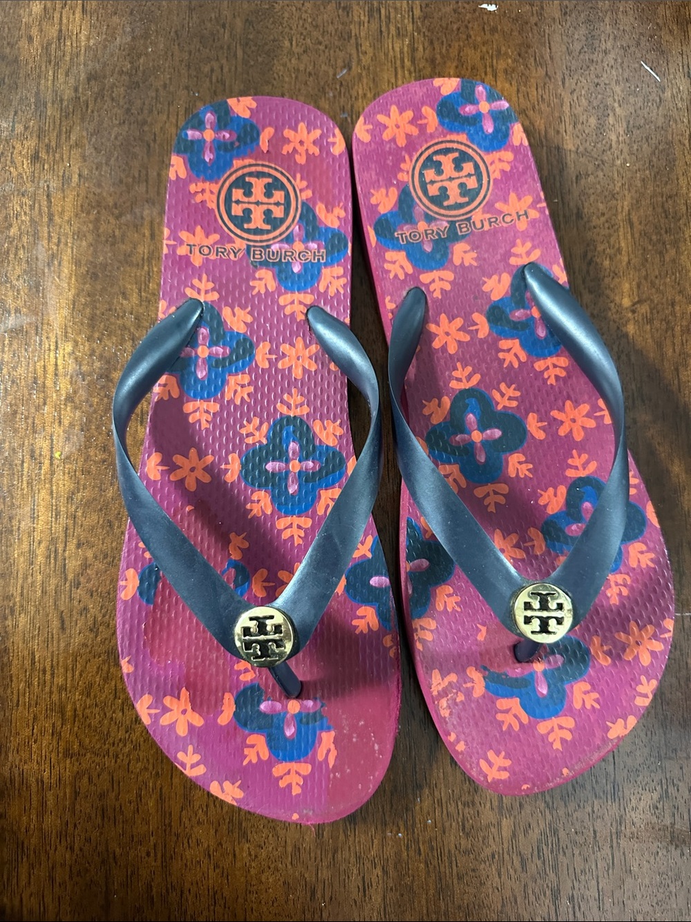 Tory Burch Purple-Pink Floral Logo Flip Flops with Navy Straps